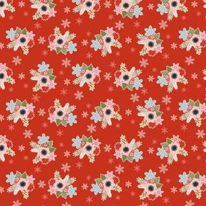 RARE - 31&quot; REMNANT - Snuggle Up Buttercup By Poppie Cotton, Pattern #SB21605 Floral Bouquet Toss, Snowflakes on Red