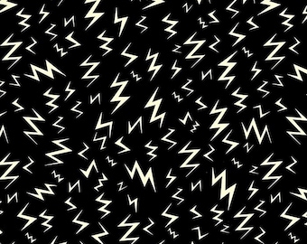 RARE - By The Continuous HALF Yards - Tiny Frights by Sarah Watts for Ruby Star Society, #RS5116-19G Glow in the DARK Lightning Bolts Black