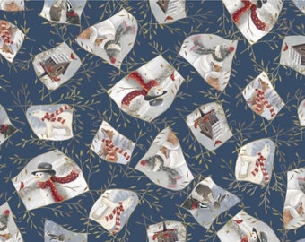 RARE - By The Continuous HALF YARD - Woodland Buddies by Sarah Summers for Quilting Treasures, #27876-W Animals and Snowmen Patches on Blue