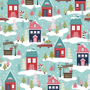 May include: A seamless pattern featuring a winter wonderland scene with red and blue houses, snow-covered hills, evergreen trees, and a hot cocoa stand. The background is a light blue color.