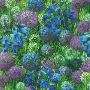 Rare - By The Continuous HALF YARD - Wildflowers IX by Moda Fabrics, #33380-14 Field of Purple, Cream and Blue Wildflowers, Green Leaves