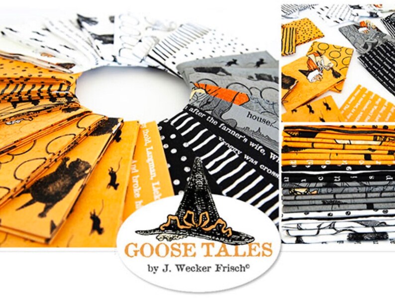 May include: A collection of fabric squares featuring a black and white goose and other illustrations with text that reads "Goose Tales by J. Wecker Frisch". The fabric squares are arranged in a circle with a black witch's hat in the center.