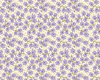 RARE - By The Continuous HALF YARD - Darling Clementine for Andover #9483-P Purple Floral Clematis Vine on Creamy White, Orange Dots, 1930’s