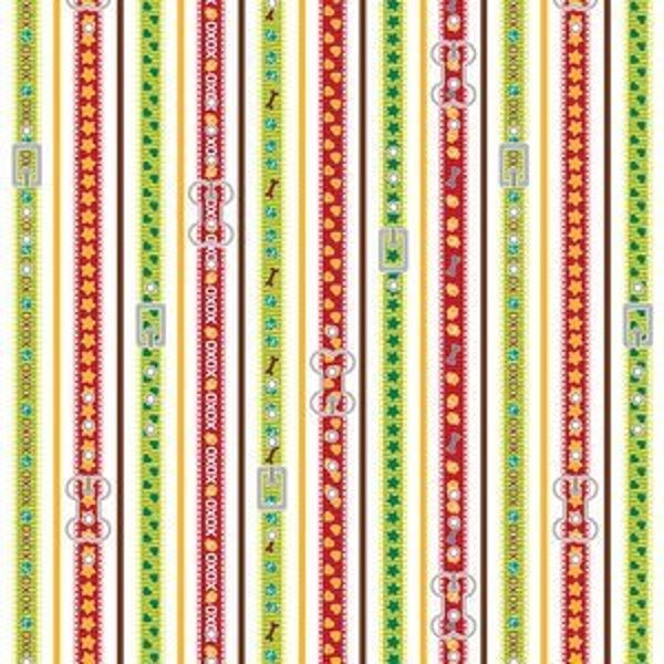 By The HALF YARD - Dog Park by Sarah Frederking For Studio e, #2935-88 Striped Dog Collars, Pink, Red, and Green, Hearts and Stars on White