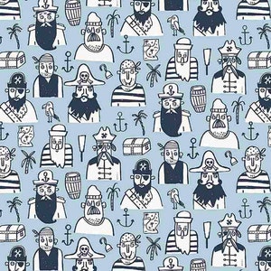 RARE - By The Continuous HALF YARD - Bootylicious by Dear Stella Designs, Pattern #1759 All About The Booty Pirates on Starlight Blue