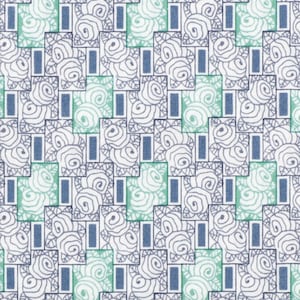 May include: A seamless pattern featuring a repeating design of stylized floral motifs in shades of blue and green. The pattern is set against a white background.
