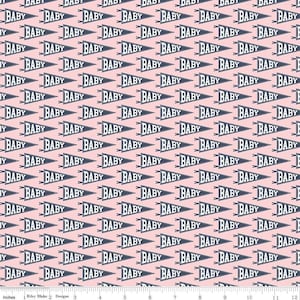 By the Continuous HALF YARD - Hello Baby by Christopher Thompson for Riley Blake Designs #C7572 Blue Baby Pennants on Pink, White Word