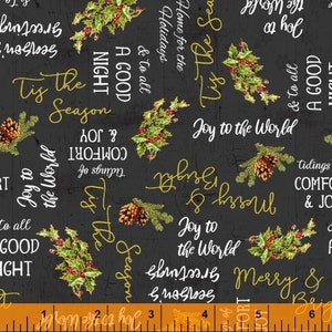 RARE - By The Continuous HALF YARDS - Comfort and Joy by Katie Petite of Whistler Studio for Windham, #51886M-3 Holiday Words on Black