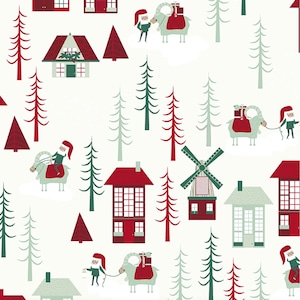 Puede incluir: Un fondo blanco con un patrón repetitivo de casas rojas y verdes, árboles de Navidad, molinos de viento y figuras de Papá Noel montando cabras. Las figuras llevan regalos y tiran un trineo.