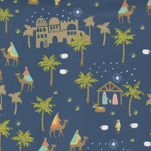 RZADKIE - The Continuous HALF YARDS - Joyful Joyful autorstwa Stacy Iest Hsu dla Moda Fabrics, nr 20801-24 Oh Little Town Nativity w kolorze Midnight Blue