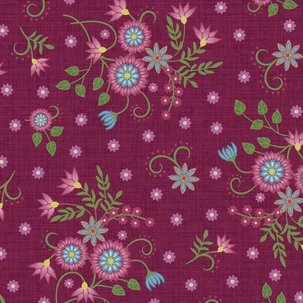 RARE - By The Continuous HALF YARDS - Flower & Vine by Monique Jacob for Maywood Studio, #9881-R Floral Allover on Dark Pinkish Purplish Red