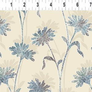 May include: A beige fabric with a repeating pattern of blue and grey stylised flowers. The flowers are outlined in white and have a paisley-like design.