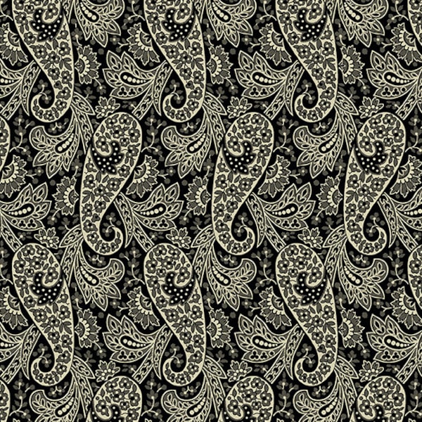 RARE - By The CONTINUOUS HALF Yards - Reminiscence by Andover Fabrics, Pattern #333-K Floral Paisley in Black and White, Civil War