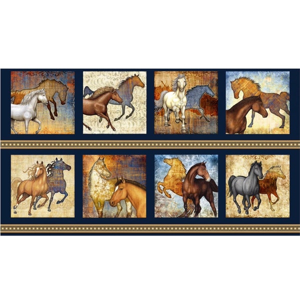 RARE - 24” X 44” PANEL - Mustang Sunset by Dan Morris for Quilting Treasures, Pattern #26479-N Wild Horse Scene 9” Blocks on Navy