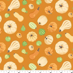 May include: A seamless pattern featuring various types of gourds and squash in shades of orange, yellow, and white on a warm orange background. The pattern includes gourds, squash, and apples.