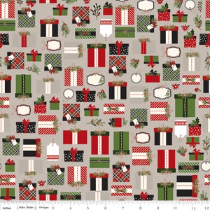 By The HALF YARD - Christmas Delivery by Carta Bella for Riley Blake, #C7331-GRAY Presents, Wrapped Presents, Labels on Gray, Twigs, Bows