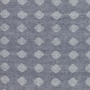 May include: A close-up of a blue fabric with a white diamond pattern.