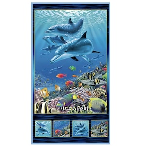 May include: A vibrant, rectangular panel featuring a detailed underwater scene. Dolphins swim in the blue water above a colorful coral reef teeming with tropical fish. The panel has a blue border and smaller inset images at the bottom.
