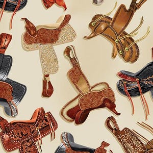 Rare - By the CONTINUOUS HALF Yards - Yellowstone by Greta Lynn of Kansas for Benartex Fabrics, Pattern #14474-07 In The Saddle on Ecru