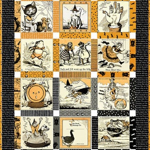 May include: A black and white quilt with a patchwork design featuring illustrations of nursery rhymes and fairy tales. The quilt includes images of a cat, a frog, a witch, a hand, and mice. The quilt is made of fabric with a black and white polka dot pattern.