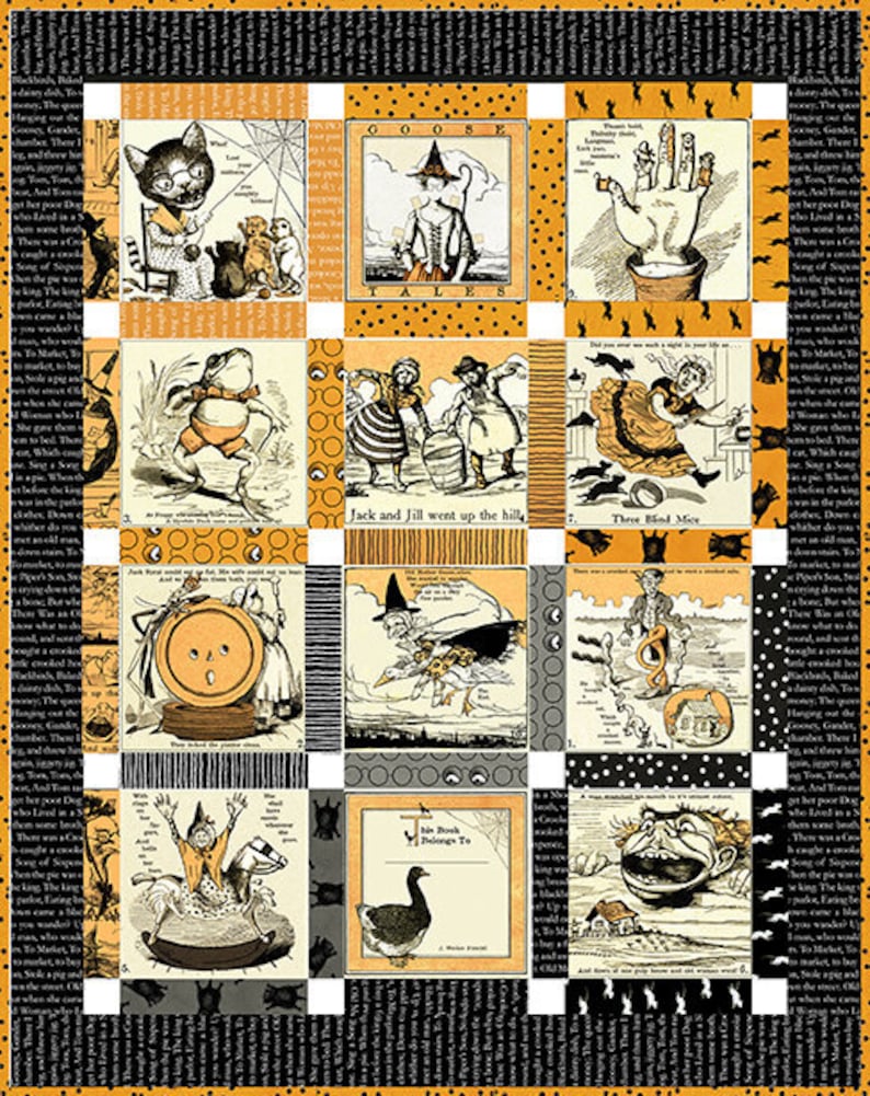 May include: A black and white quilt with a patchwork design featuring illustrations of nursery rhymes and fairy tales. The quilt includes images of a cat, a frog, a witch, a hand, and mice. The quilt is made of fabric with a black and white polka dot pattern.