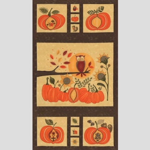RARE - PANEL - Hello Fall by Sandy Gervais for Moda #17780-13, Orange Pumpkins, Owl, Sunflowers, Brown Squirrels, Acorns, 24” X 44”