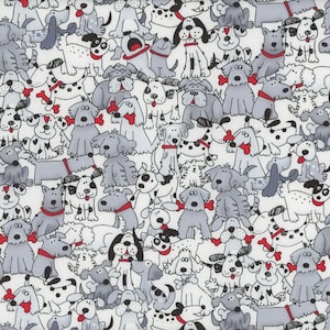 May include: A fabric pattern with a repeating design of cartoon dogs. The dogs are in various poses and are mainly grey and white, with some wearing red collars or holding red bones. The background is white, creating a playful and whimsical aesthetic.
