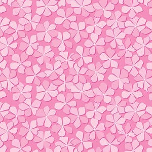 May include: A seamless pattern of light pink flowers with five petals, set against a bright pink background. The flowers have a subtle shadow effect, creating a sense of depth and dimension. This floral design is suitable for various applications.