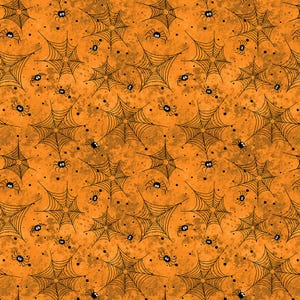 May include: Orange Halloween-themed fabric with a repeating pattern of black spiderwebs and cartoon spiders. The spiders have white eyes and are hanging from the webs. The background has a mottled texture.