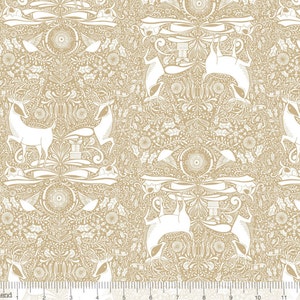 By The Continuous HALF YARD - I Love Christmas by Cori Dantini for Blend, #112.111.05.2 Gathering Craft Tan, White Deer and Flowers on White