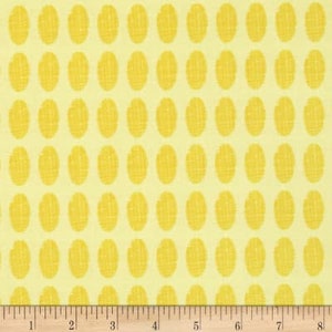 May include: Yellow fabric with a repeating pattern of small, yellow oval shapes on a pale yellow background.