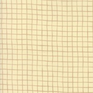 May include: A beige fabric with a brown grid pattern. The grid is made up of thin, hand-drawn lines.