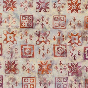 May include: A white fabric with a repeating pattern of red and brown geometric shapes and stylized tree branches.