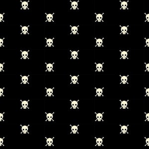 May include: A black background with a repeating pattern of white skull and crossbones.