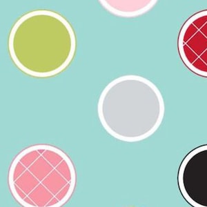 By The HALF YARD - Anything Goes by Barbara Jones for Henry Glass, #6118-11, Red, pink, yellow gold, grey, lime and White 1.25" dots on Aqua