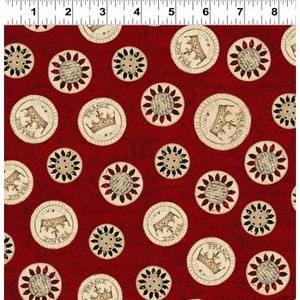 Puede incluir: Tela roja con un patrón repetitivo de círculos blancos que contienen una imagen en blanco y negro de una corona y un árbol. Los círculos están rodeados de diseños florales más pequeños en blanco y negro.
