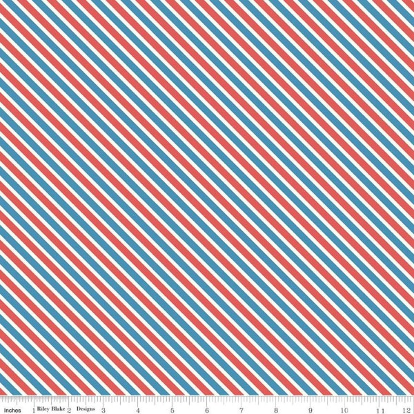 By The Continuous HALF YARD - Love Letters by Lindsay Wilkes of Cottage Mama for Riley Blake, #C8864 Red, White and Blue Diagonal Stripes