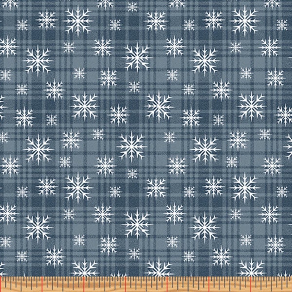 RARE - By The Continuous HALF YARDS - A Very Wooly Winter by Cheryl Haynes of Prairie Grove Peddler, #10359-52 Snowflake on Denim Blue Plaid