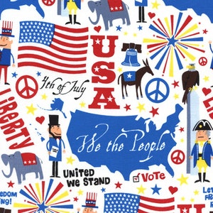 May include: A white background with a repeating pattern of red, white and blue patriotic symbols. The symbols include the American flag, fireworks, an elephant, a donkey, a peace sign, a bell, and the words "We the People", "Liberty", "United We Stand", "Vote", and "4th of July".