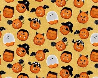 By The Continuous HALF YARD - Cheekyville by DT-K Signature for Studio e, #4664-44 Tossed Small Pumpkin Faces in Costume on Golden Yellow