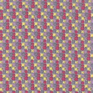 May include: A repeating pattern of squares in shades of yellow, pink, and gray. The squares are outlined in black and have a textured appearance.