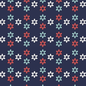 By The Continuous HALF YARD - Arctic Girl by Small Factory for Studio e, #3414-77 Storm, Aqua blue, White and Red Snowflakes on Navy Blue