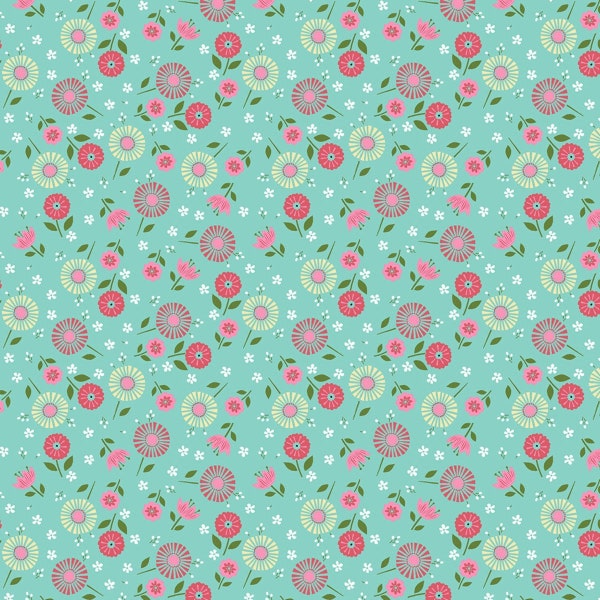 RARE - By The Continuous HALF YARD - Adventure Time by Anne Rowan for Wilmington, #68537-453 Geo Floral Toss on Teal Blue, White Daisies