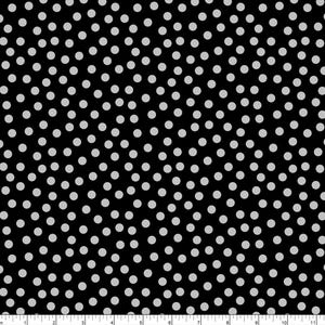 May include: Black fabric with a white polka dot pattern. The dots are evenly spaced and create a repeating pattern.