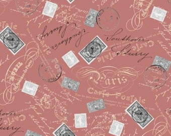 May include: A pink fabric with a repeating pattern of vintage postage stamps, handwritten script, and the words "Carte Postale" and "Paris".