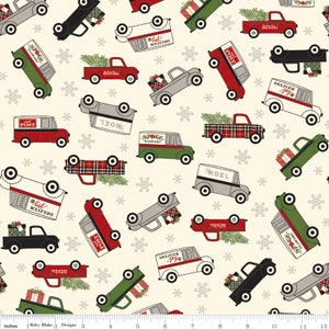 Rare - By The Continuous HALF YARD - Christmas Delivery FLANNELS by Carta Bella for Riley Blake, #F7333 Tossed Trucks, Snowflakes on Cream