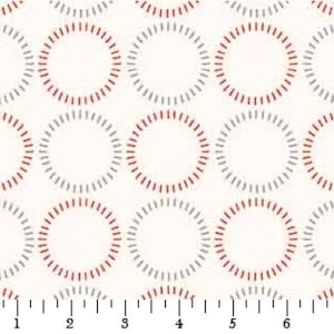 May include: White fabric with a repeating pattern of red and gray circles. The circles are outlined with thin lines and have a sunburst effect.