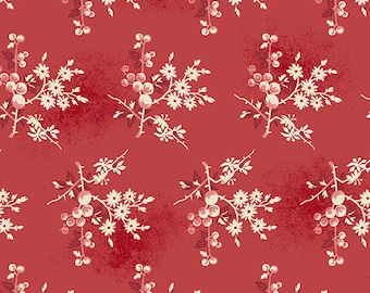 Rare - By The CONTINUOUS HALF YARDS - Little Sweetheart by Edyta Sitar for Andover, #8824-R Cream Flowers and Pink Berries on Crimson Red