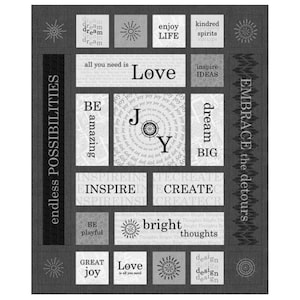 May include: Black and white inspirational quote print with words like "love", "joy", "dream", "inspire", and "create".