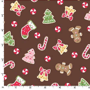 By The Continuous HALF YARD - We Whisk You a Merry Christmas by Kim Christopherson for Maywood, #9671-A Decorated Christmas Cookies on Brown